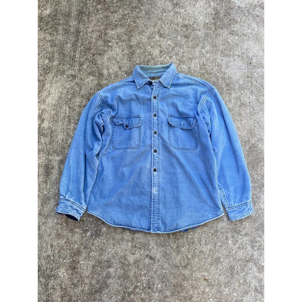 American Blue Fleece Flannel Lined Denim Shirt Jacket Retro Preppy - Men’s Large
